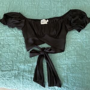 Hello Molly Womens Black Puff Sleeve Tie back Crop Top Small